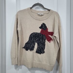 LOFT Beige Sweater with Black Dog and Red Scarf